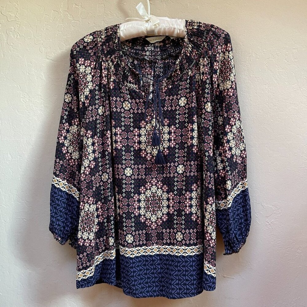 11 1 Tylho Anthropologie Kay Geometric Floral Smocked Peasant Blouse Top Large